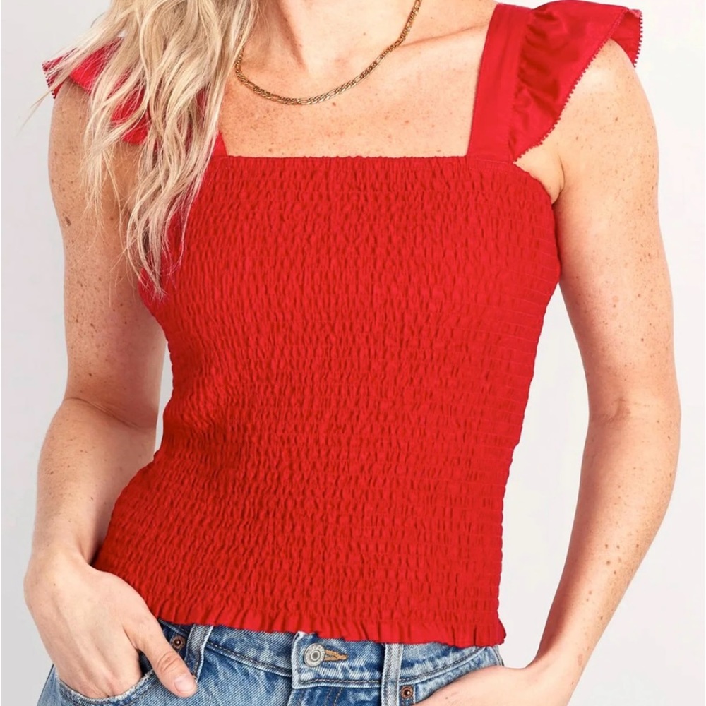 Fitted Ruffle-Trim, Smocked Floral Top
